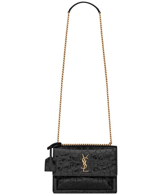 For Sale Organ Design Black Embossed Leather Flap Magnetic Closure Sunset—Imitated YSL Ladies Gold Sliding Chain Shoulder Bag