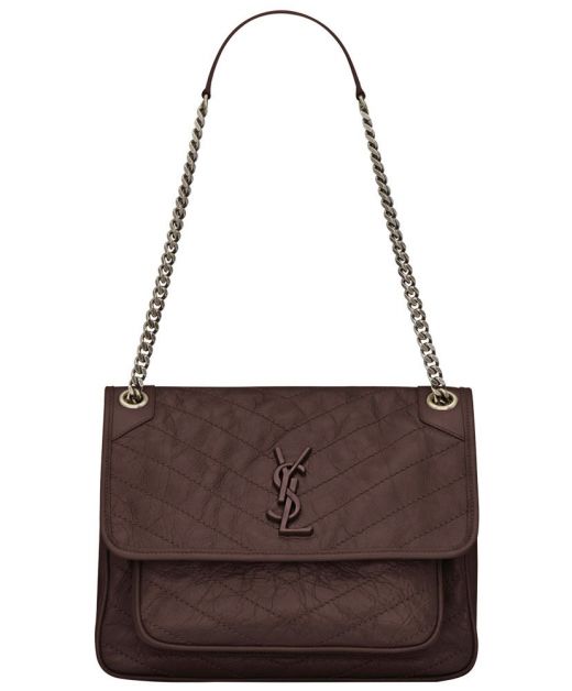 Imitated Saint Laurent Niki Women'S Crinkled Chocolate Leather Flap Magnetic Closure Covered YSL Silver Chain Shoulder Bag