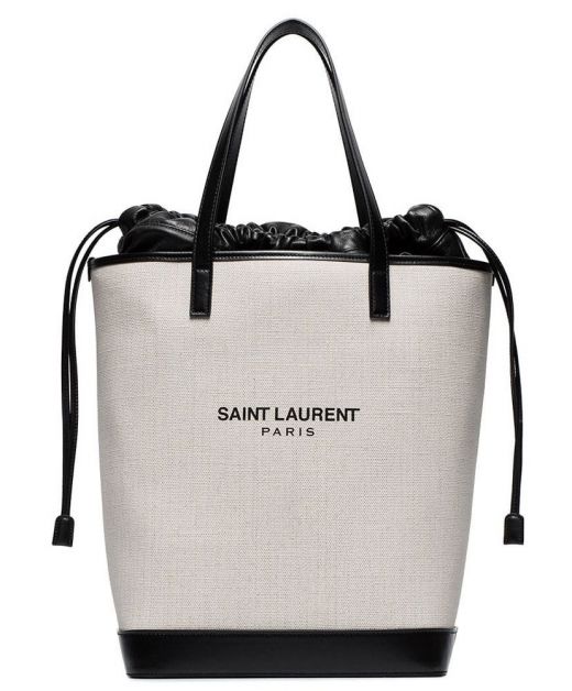 For Sale Beige Canvas Black Handle Leather Drawstring Pocket Nesting Design Eddy—Faux Saint Laurent Tote Bag For Ladies