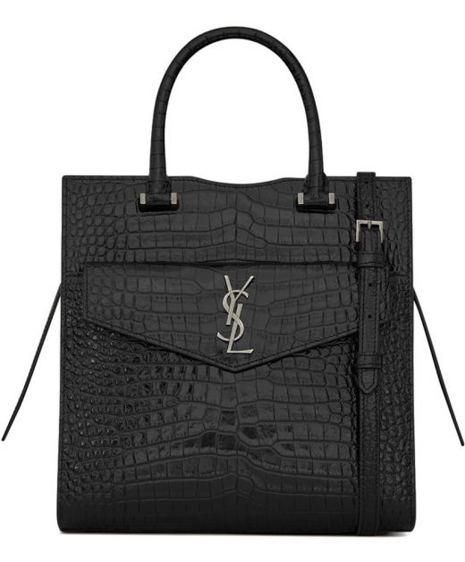 Replica Saint Laurent Uptown Black Embossed Look Top Handle Zip Closure Grey YSL Initials Luxury Tote For Female
