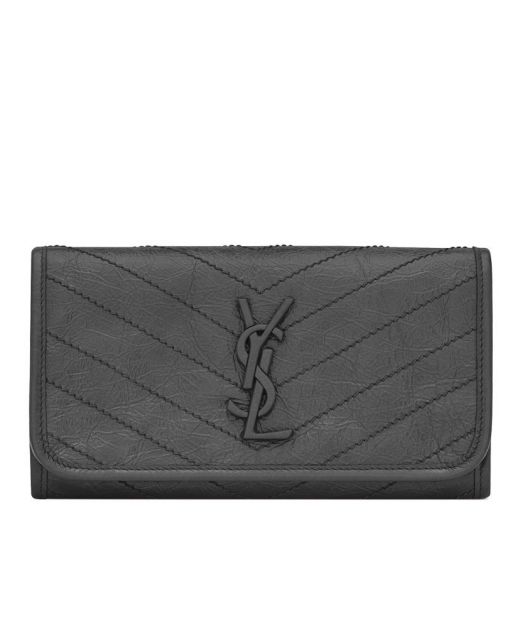 Best Discount Dark Grey Leather V Stitch Detail Snap Closure YSL Niki Logo—Fake Saint Laurent Flap Wallet For Women