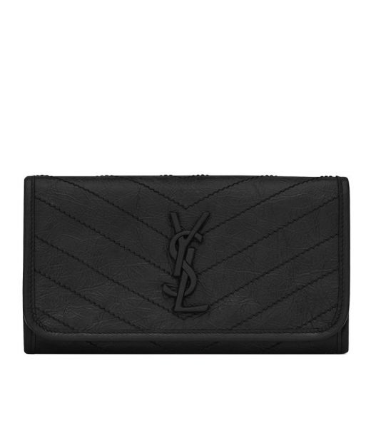 Best Discount Black V Quilted Overstitching Detail Flap Snap Closure YSL Signature Niki—Replica Saint Laurent Wallet For Women