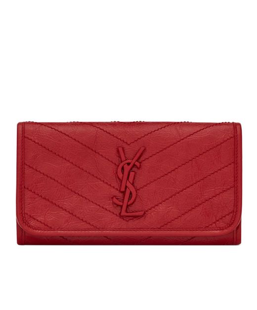Imitated Saint Laurent Niki Laurent Red Crinkled Leather Covered YSL Logo V Quilted Overlock Seam Flap Wallet For Ladies